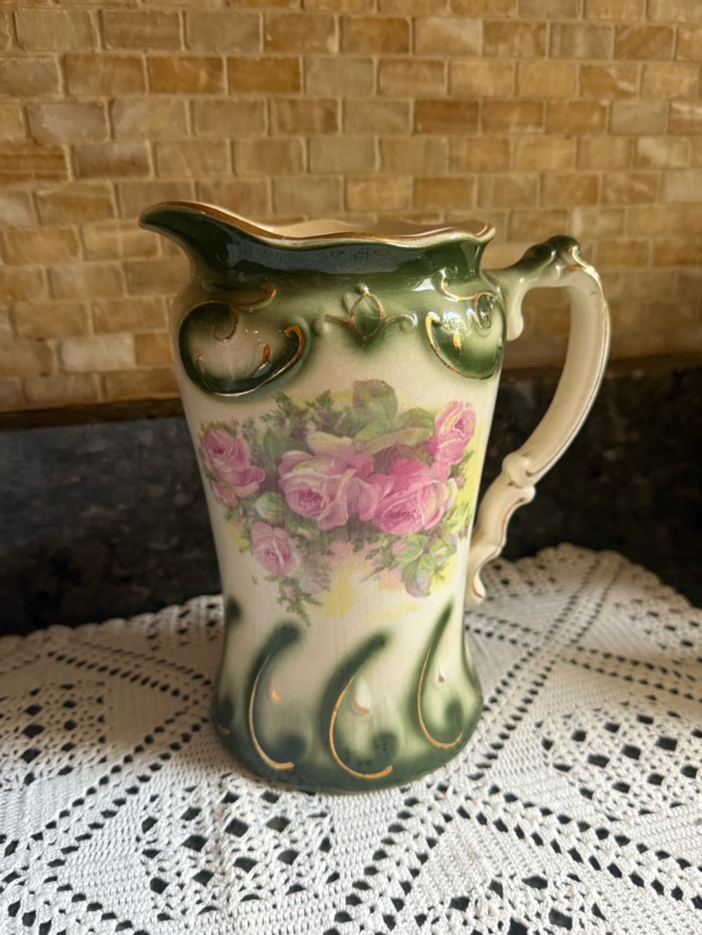 Vintage Floral Ceramic Pitcher - Green and Pink